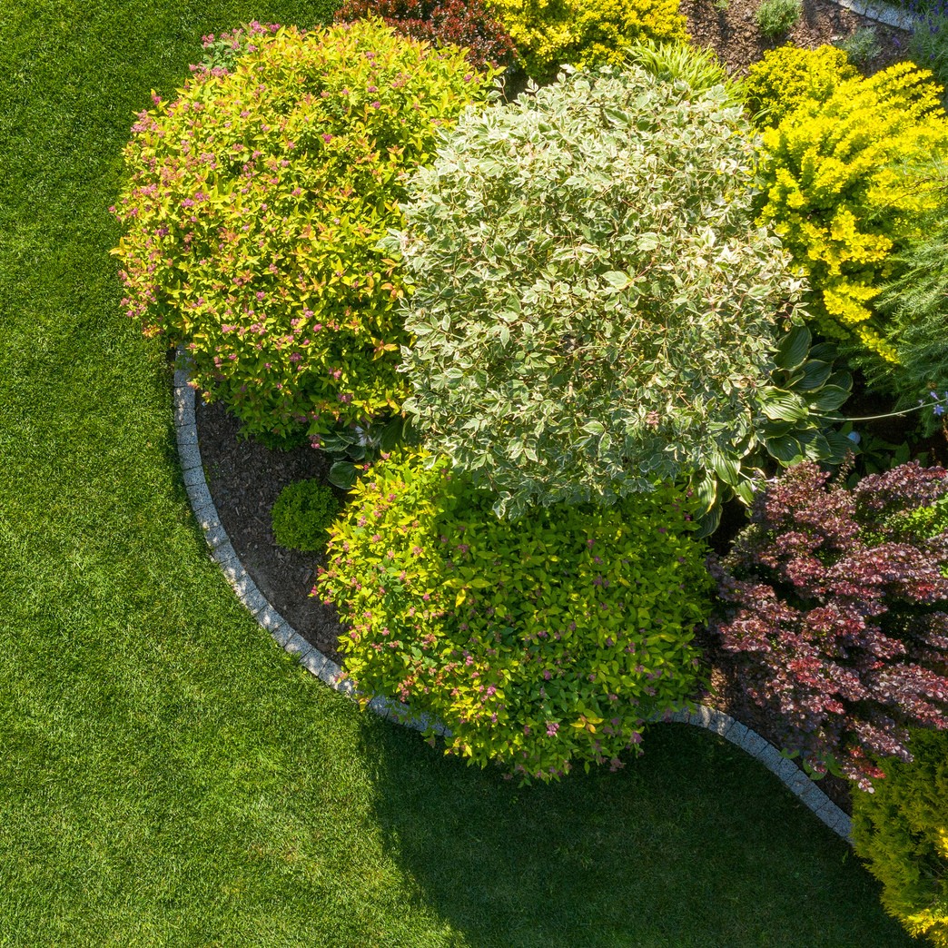 Top down view of nice landscape yard 